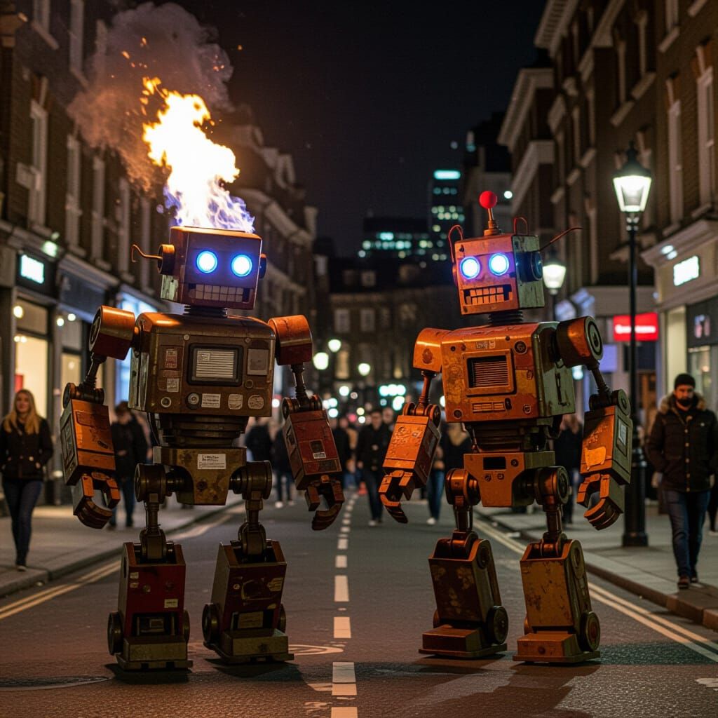 Flaming Meteorite Strikes Rusty Robots in London