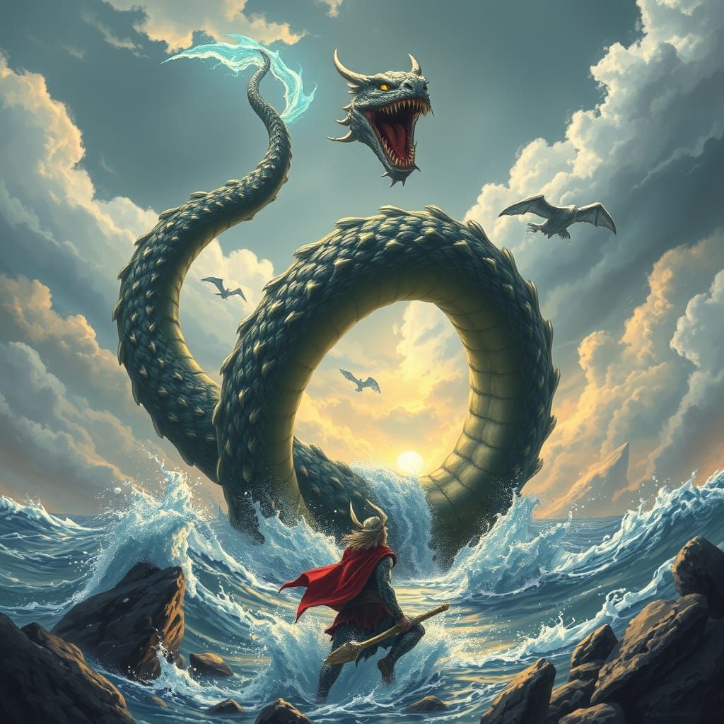 Jörmundgandr Confronts Thor in Epic Norse Scene