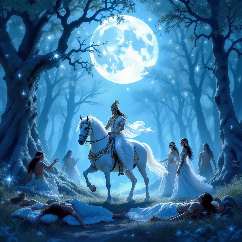 Kalki Meets Brides Under Celestial Tree in Moonlit Forest