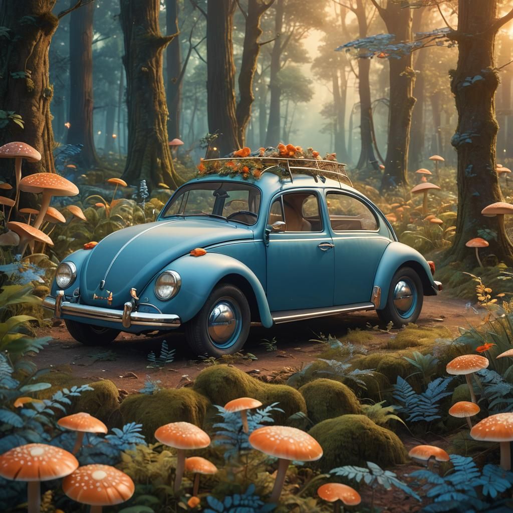 Blue VW Beetle in Enchanted Forest: Matte Painting