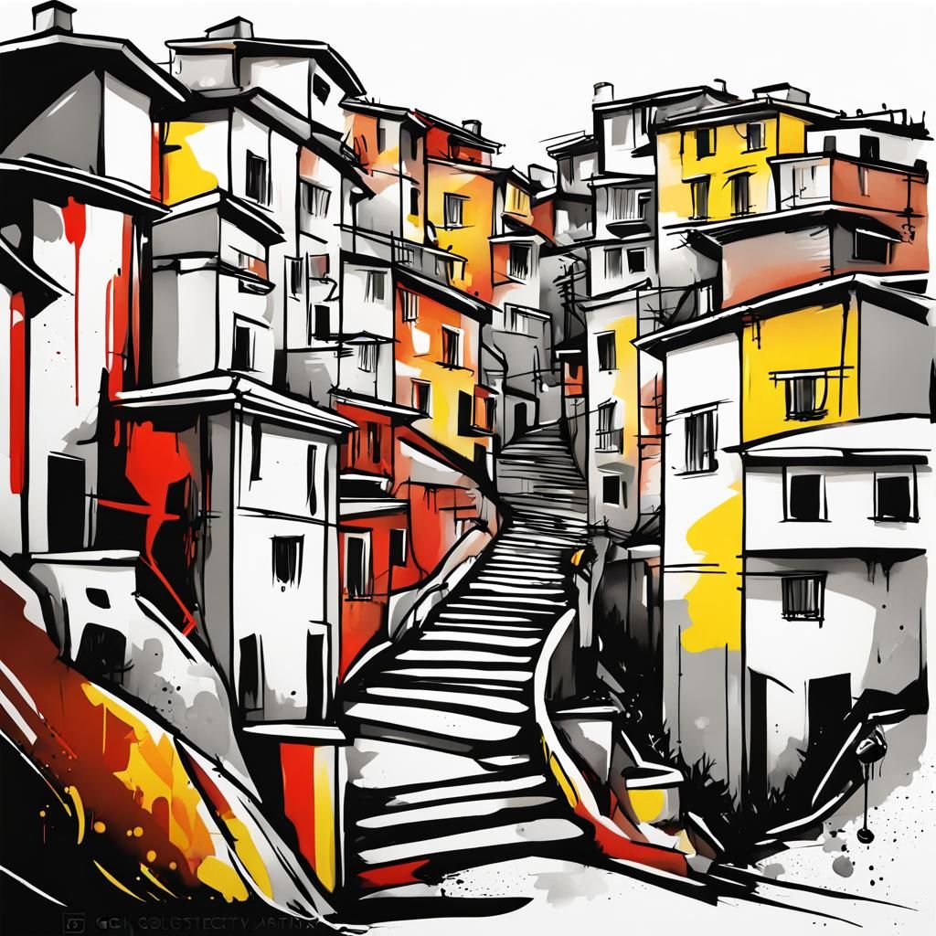 Italian Hill Town: Schematic Black and White Art