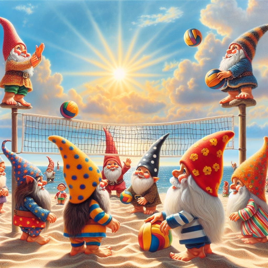 Gnomes Play Volleyball on a Sunny Beach
