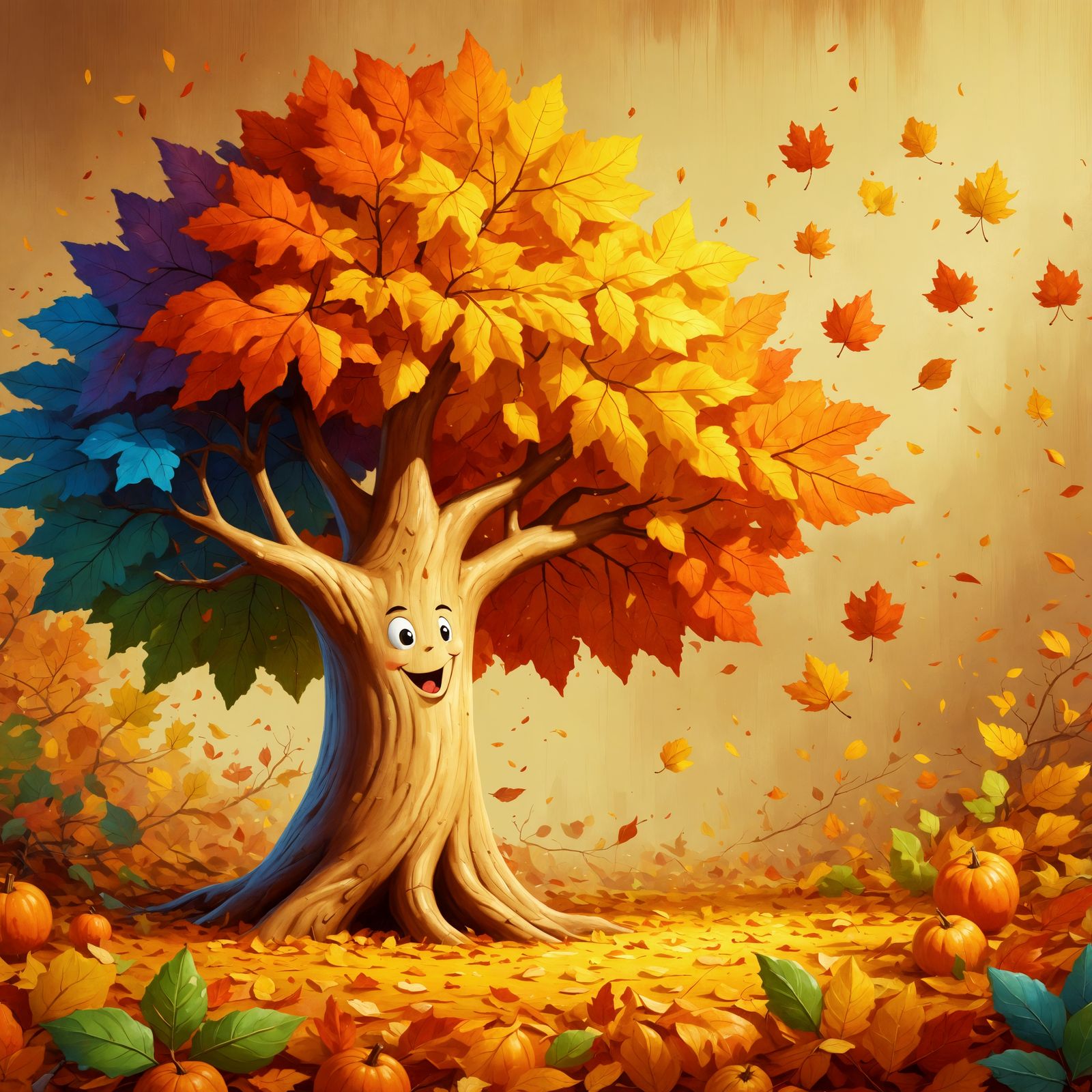 Joyful Cartoon Tree in Autumn Oil Painting