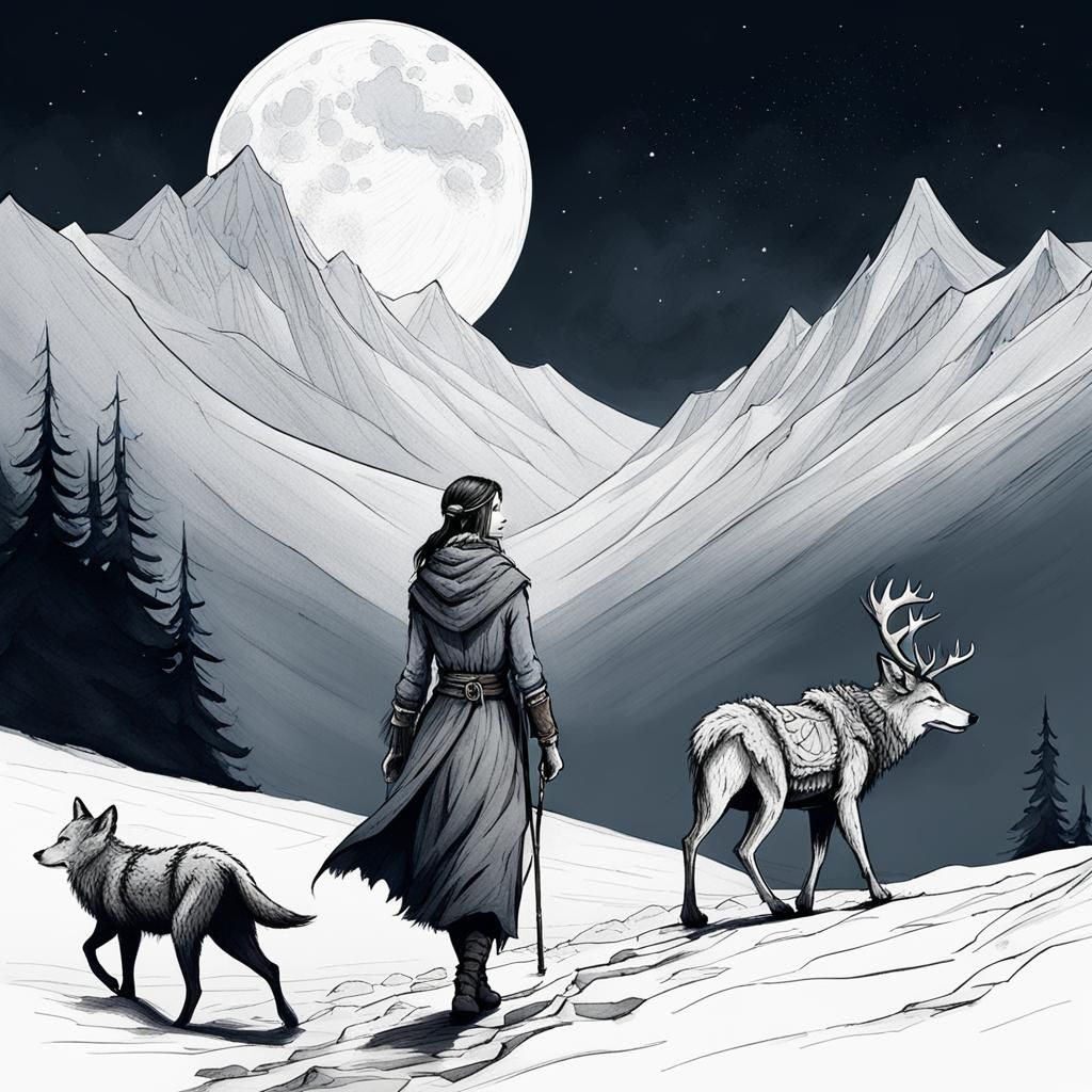 Elen of the Ways: Snowy Mountain Ink Sketch