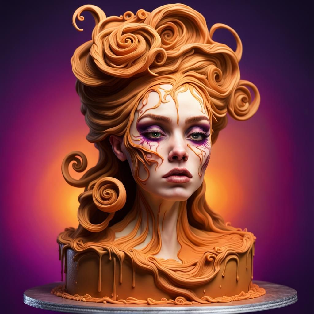 detailed Coven Wedding Cake, exagerrated, caramel and vanilla swirls, multi tiered,  Hyperrealistic, splash art, concept...