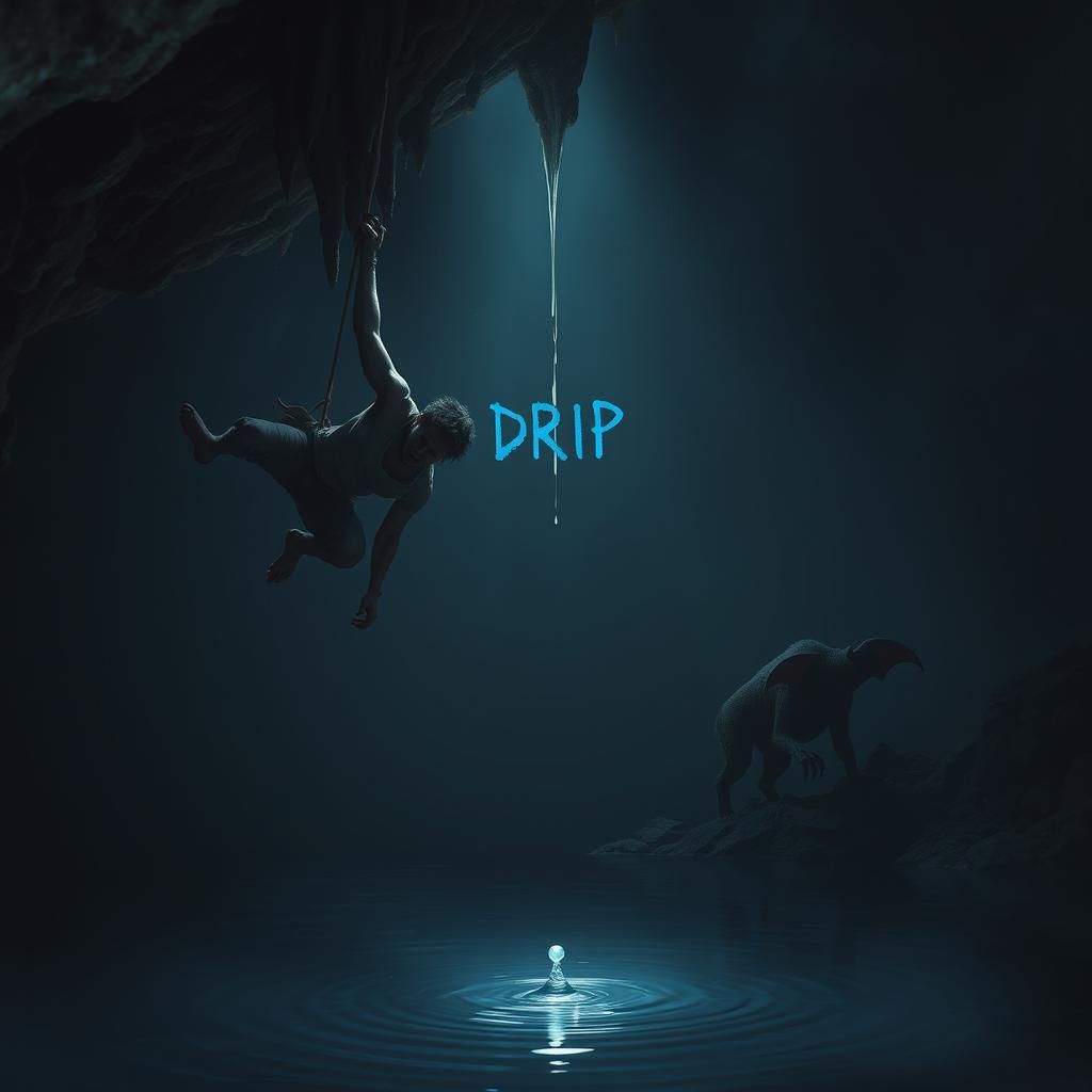 Terrified Human Clings to Stalactite in Dark Cave