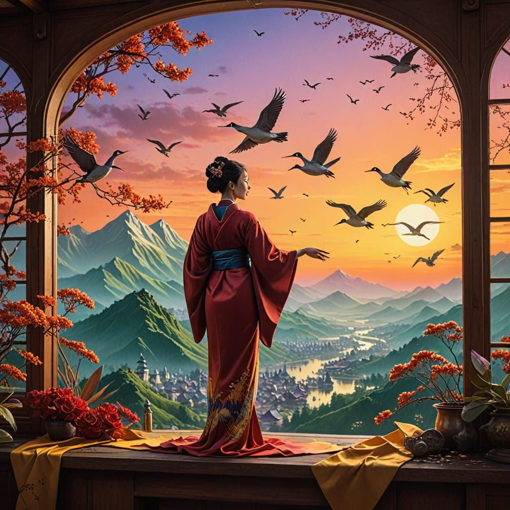 Elegant Geisha in Art Nouveau Panoramic Scene