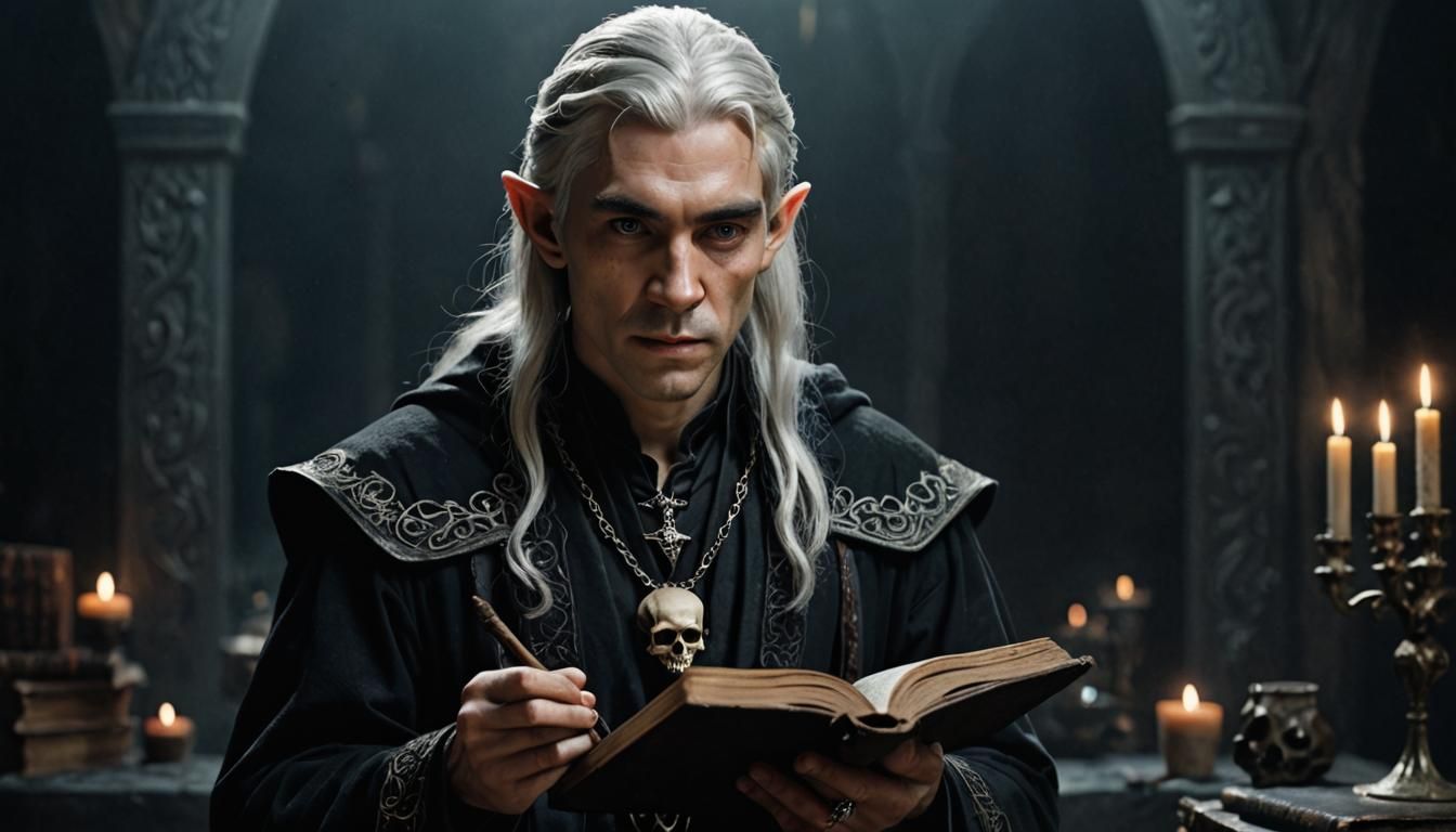 Elven Wizard with Spell Book in Medieval Cityscape