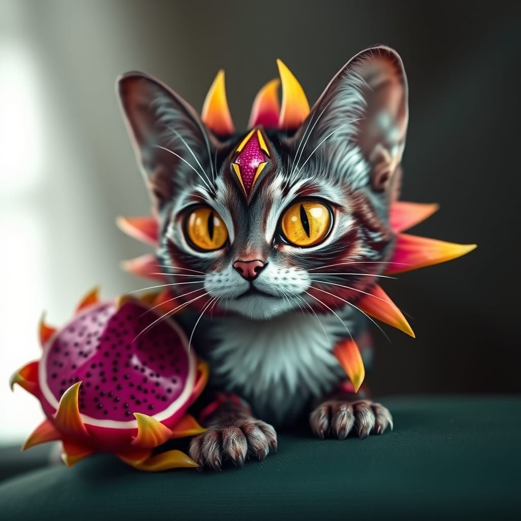 Hyperrealistic Dragon Fruit Cat in Vibrant Tropical Aestheti...