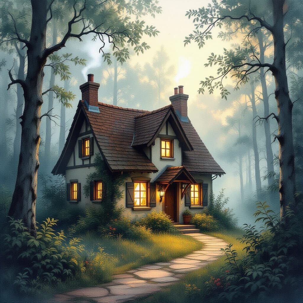 Cozy Cottage in Enchanted Forest: Romantic Watercolor Master...