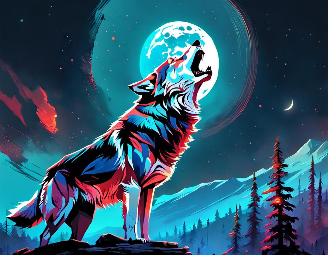Hyperdetailed Wolf Howling at the Moon Digital Art