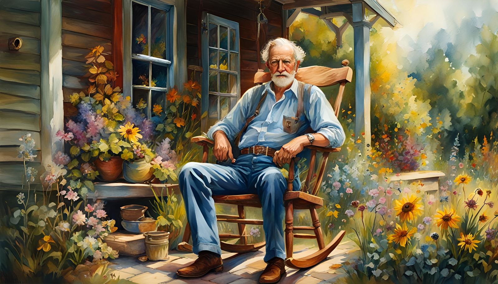 Contented Grandpa on Cottage Porch in Watercolor Style