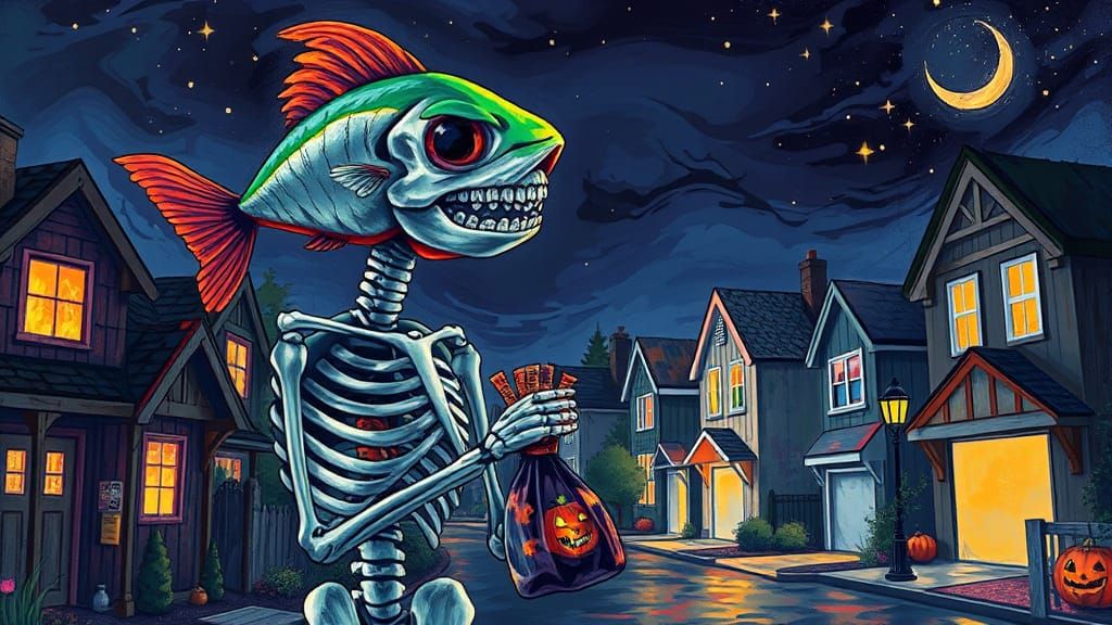 Fish-Headed Skeleton Trick-or-Treating in Graffiti Art Style