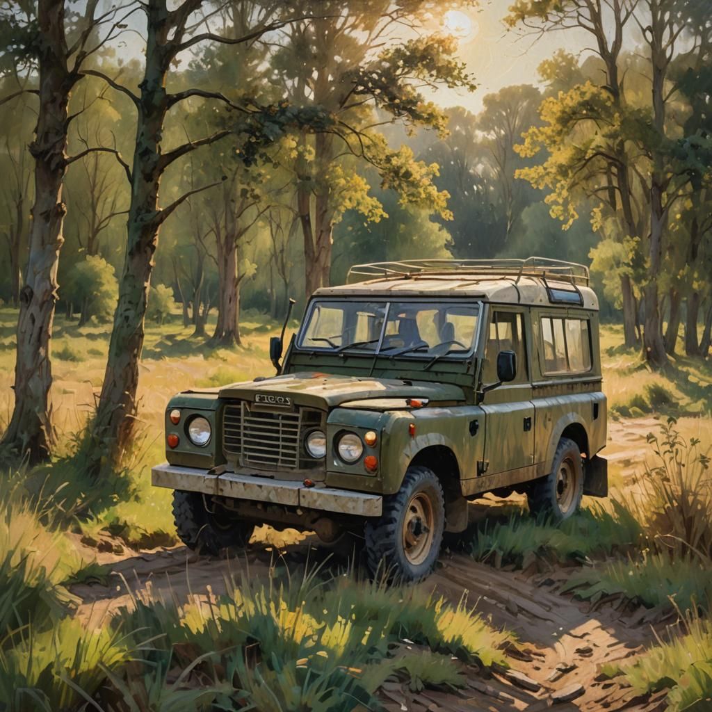 Landrover in Rural Field: Impressionist Oil Painting