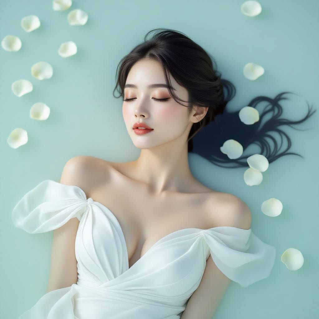 Serene Woman in Milky Water with Flower Petals