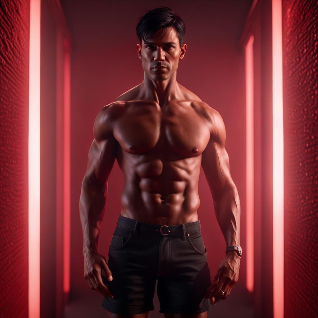 Hyperrealistic Muscular Man in Dark Red Light Room