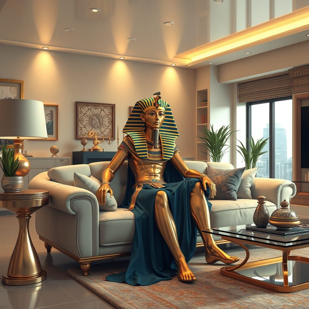 Pharaoh Relaxing in Modern Opulent Living Room