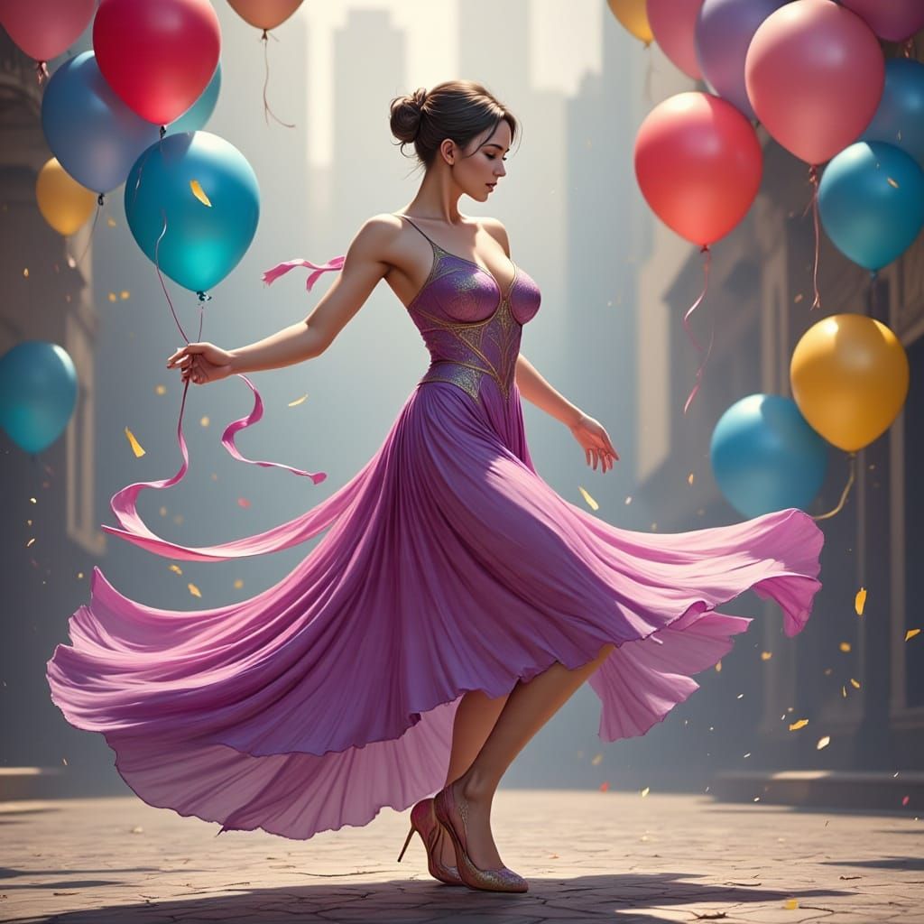Woman Dancing Surrounded by Balloons and Confetti