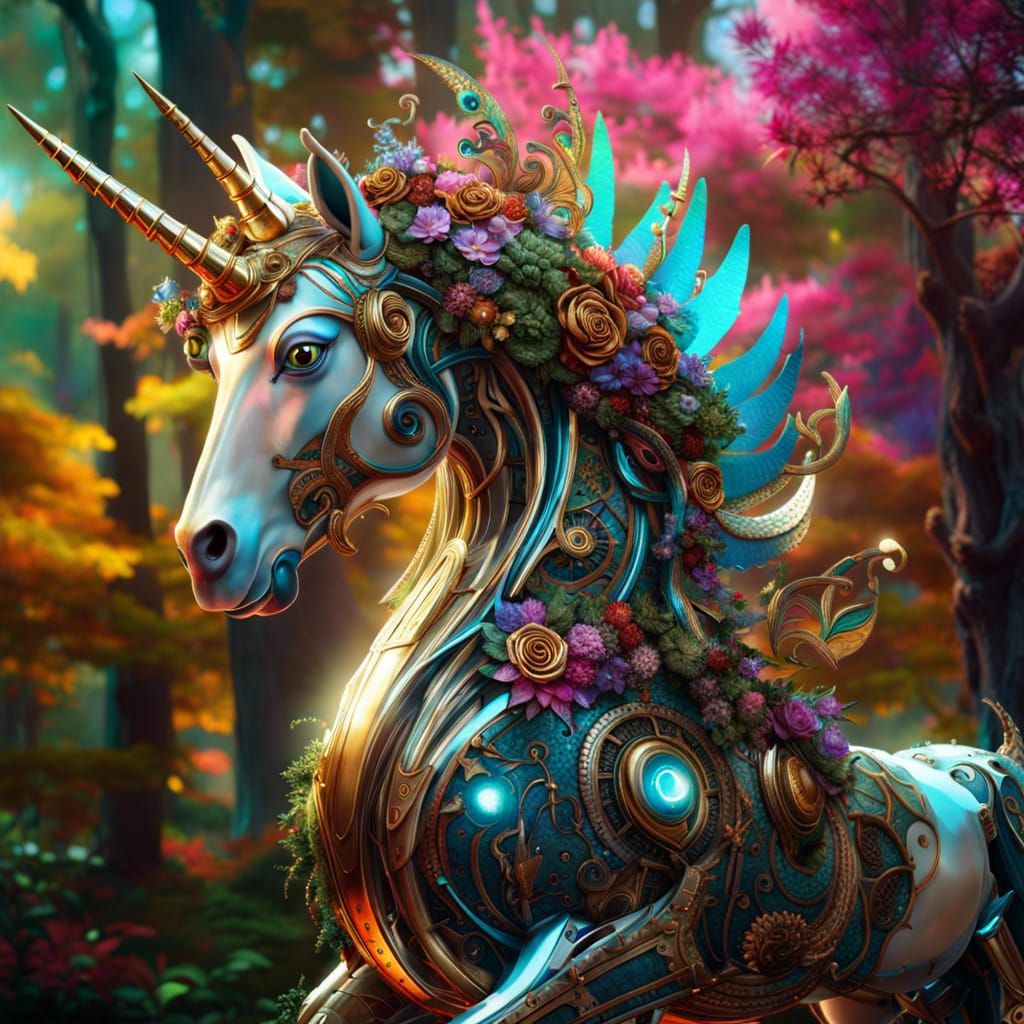 Detailed Robotic Unicorn in Fantasy Forest