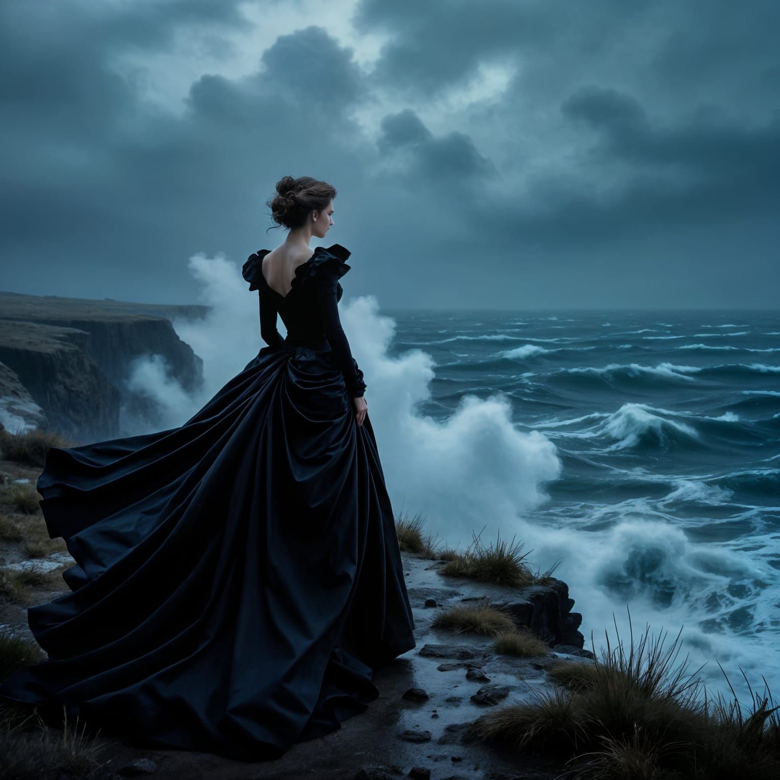 Elegant Woman on Windswept Cliff, Stormy Sea