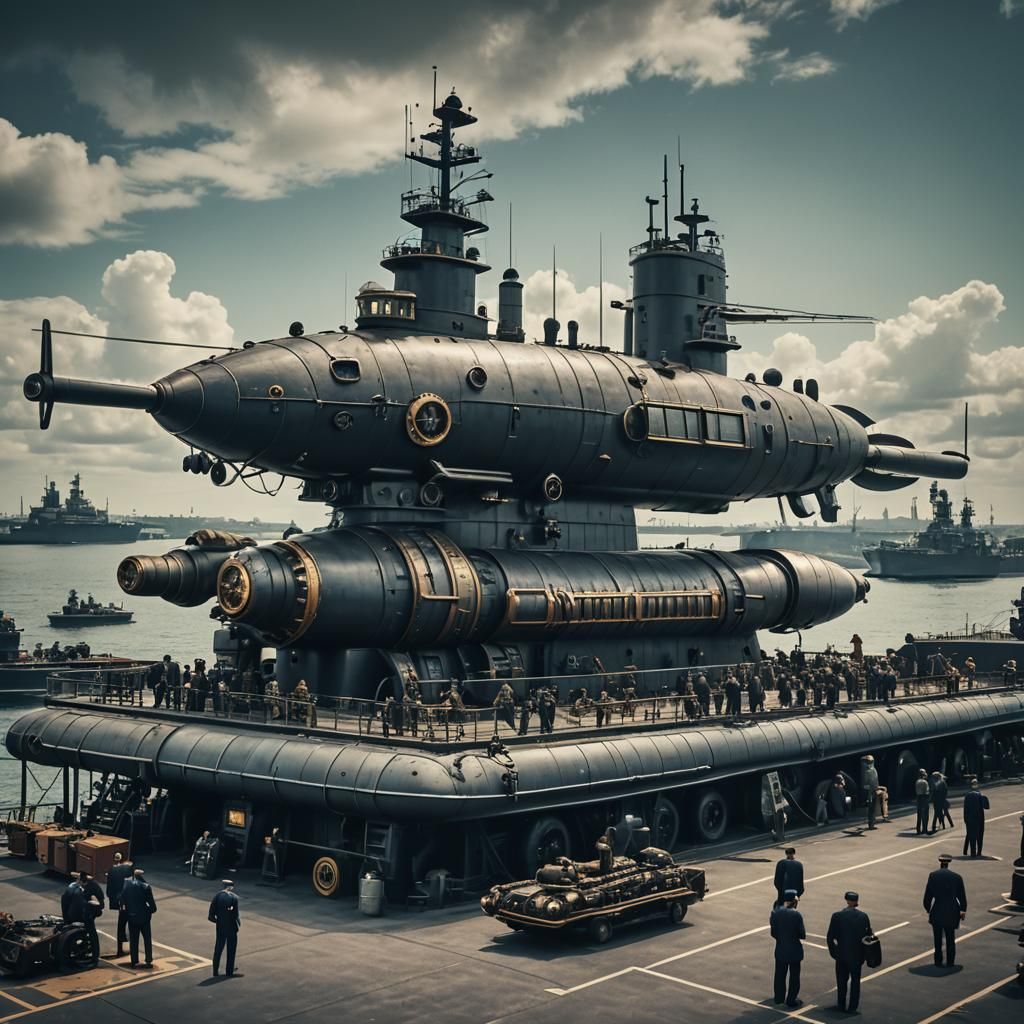Steampunk Submarine at Modern Navy Base: Cinematic Film Stil...