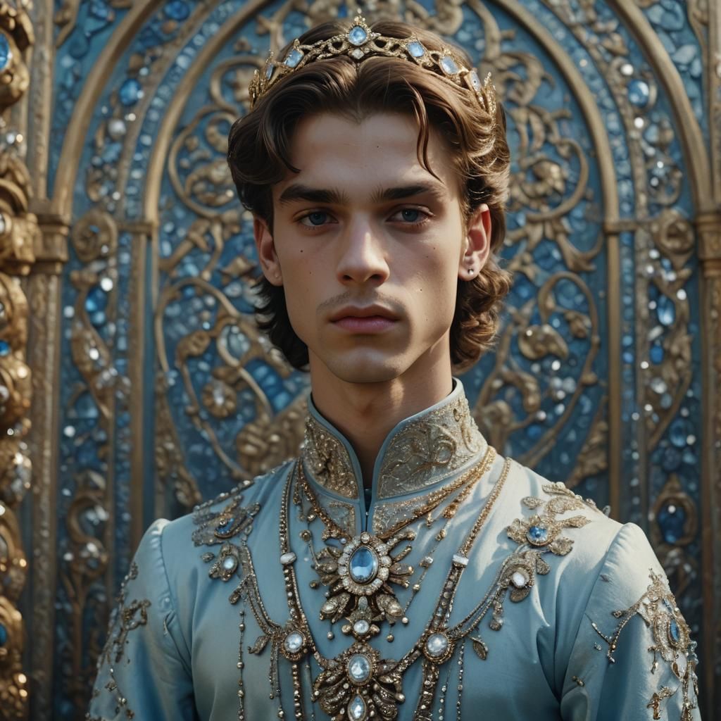 Regal Slavic Prince in Light-Blue Dress: Cinematic Still