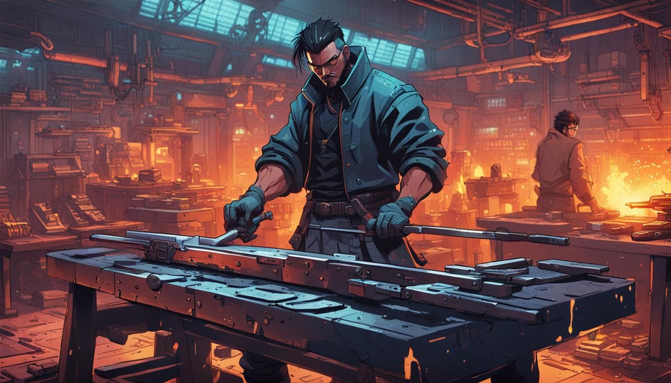 Cyberpunk Blacksmith Forging Weapon in Anime Style