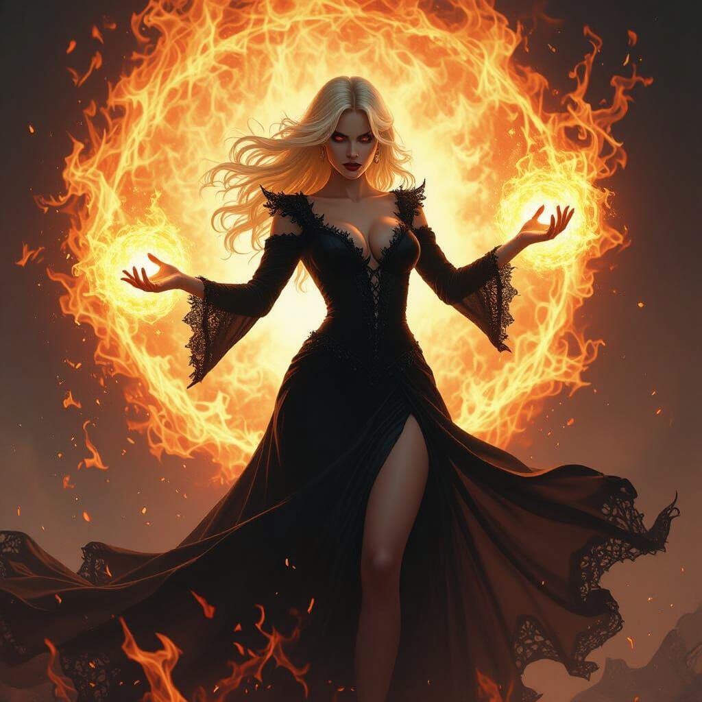 Gothic Fae Sorceress Wielding Starfire Spell