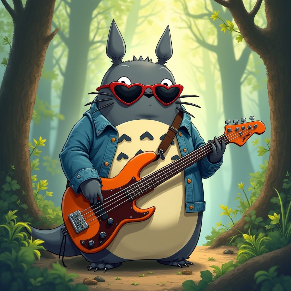Totoro as Hipster Playing Bass Guitar