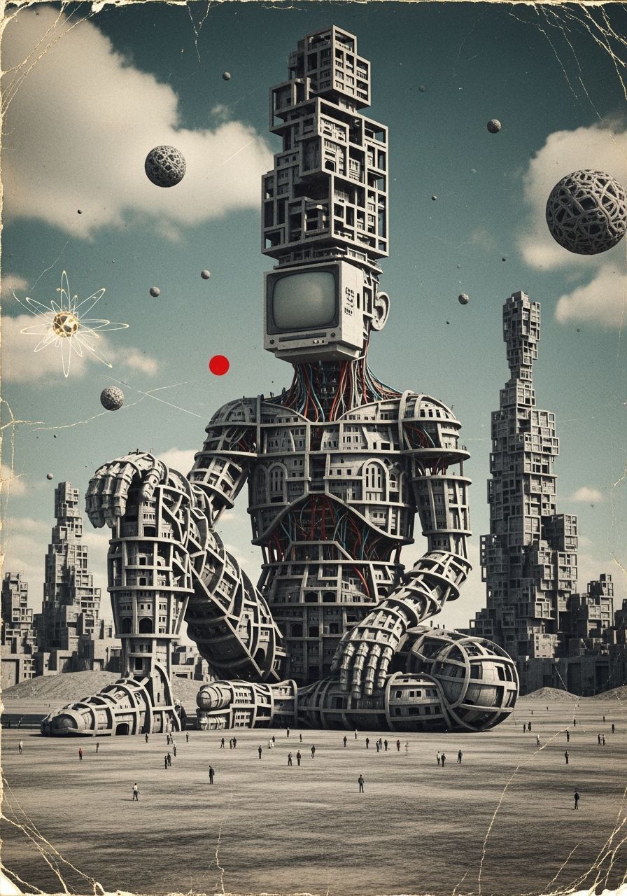 Giant Mechanical Man in Barren Landscape, Man Ray Style