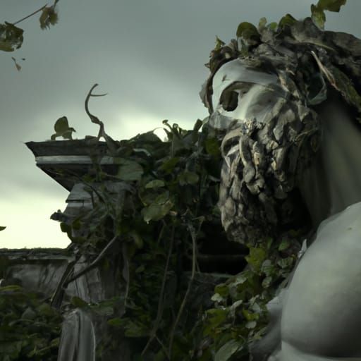 Greek Statue in Abandoned Garden: Dark Fantasy Art