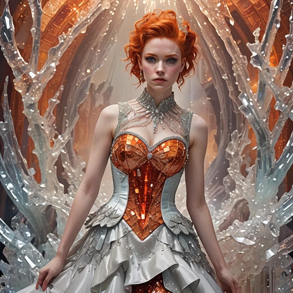 Woman in Crystal Dress in Ballroom, Hyperrealistic Style