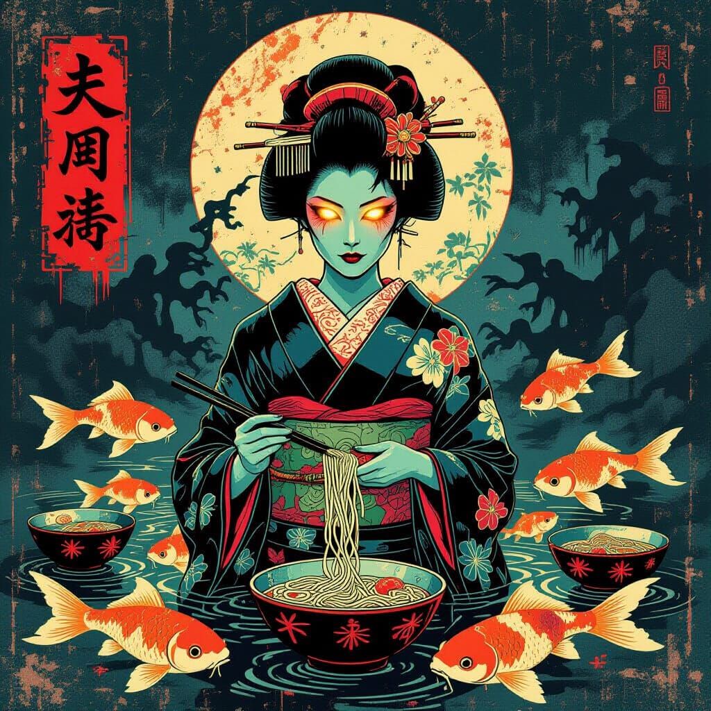 Geisha in a Distressed Vintage Poster Style