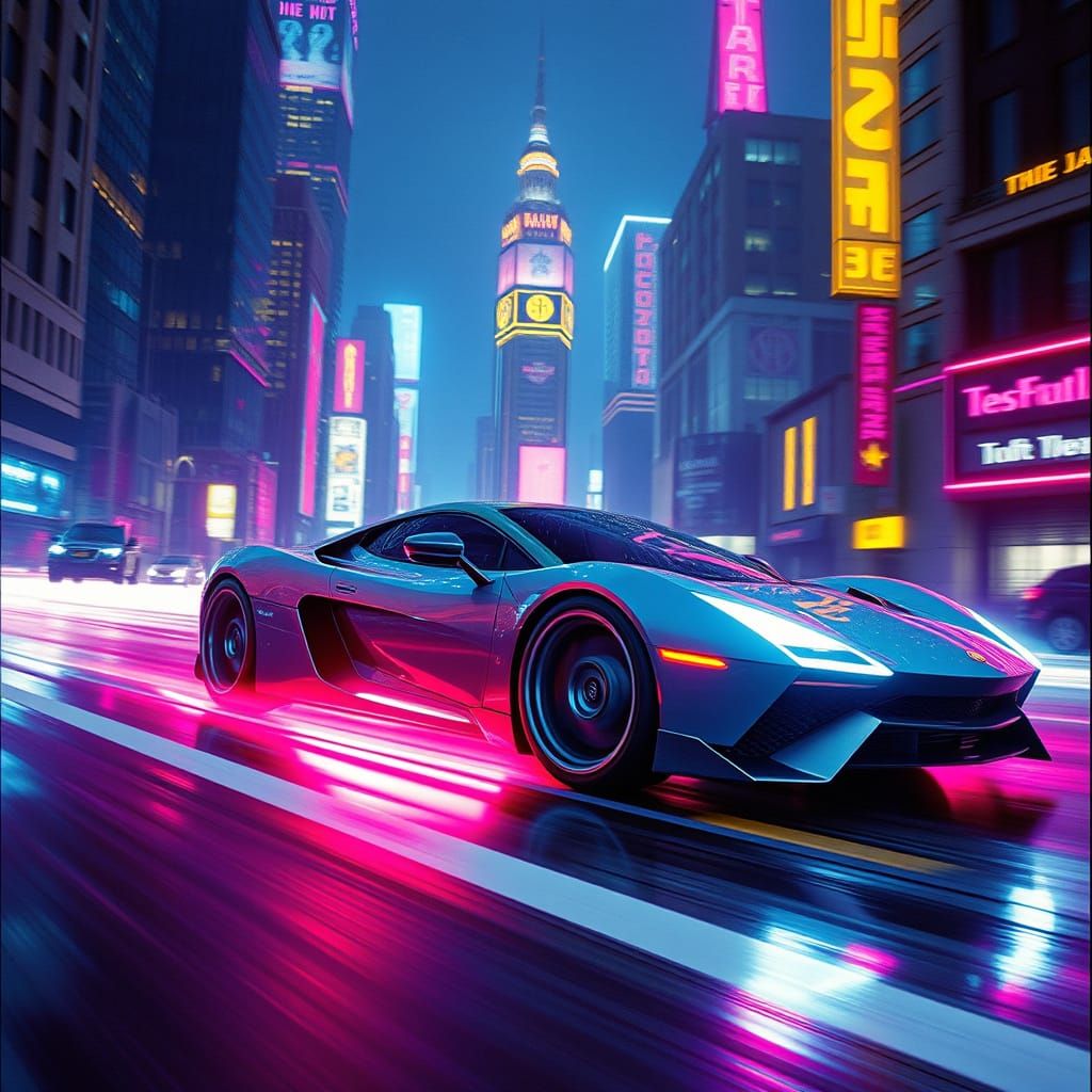 Cyberpunk Sports Car Speeds Through Neon City
