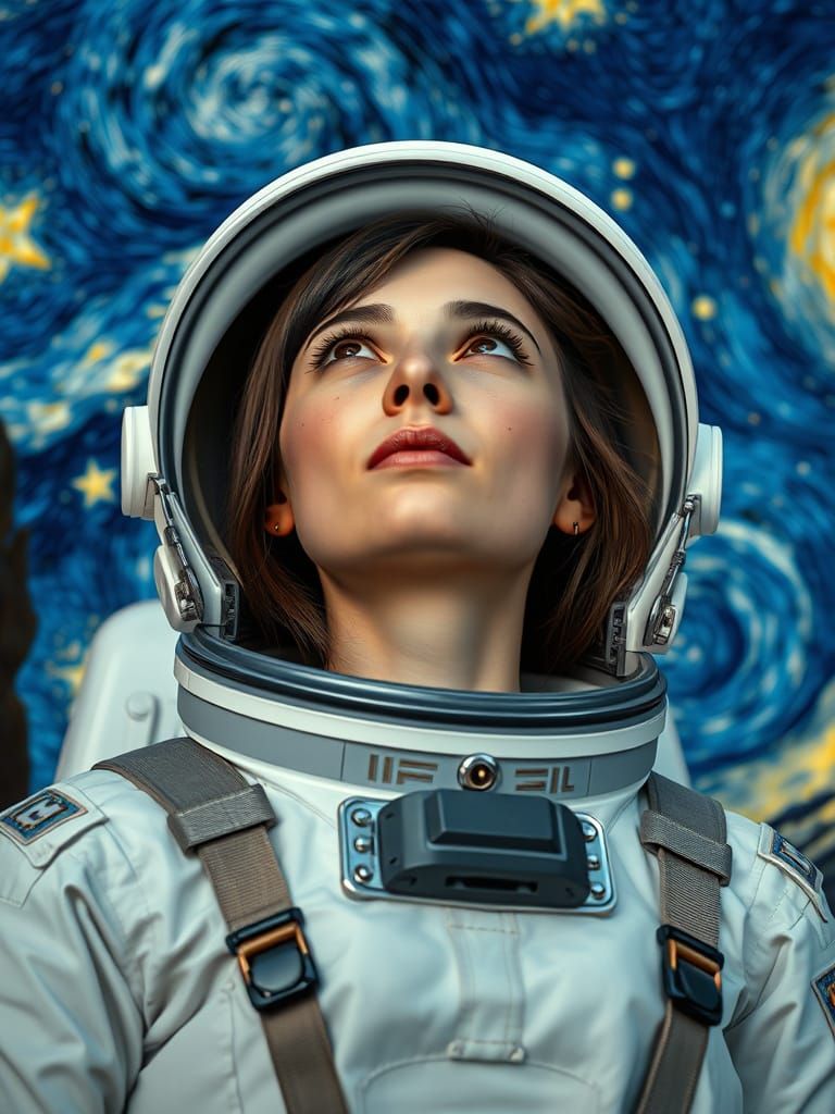 Astronaut in Starry Night Homage, Detailed Matte Painting