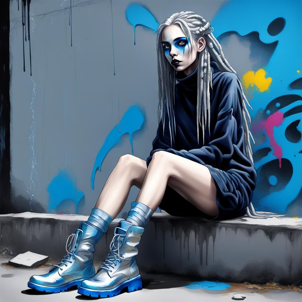 Goth Girl with Silver Dreads in Graffiti Art Style
