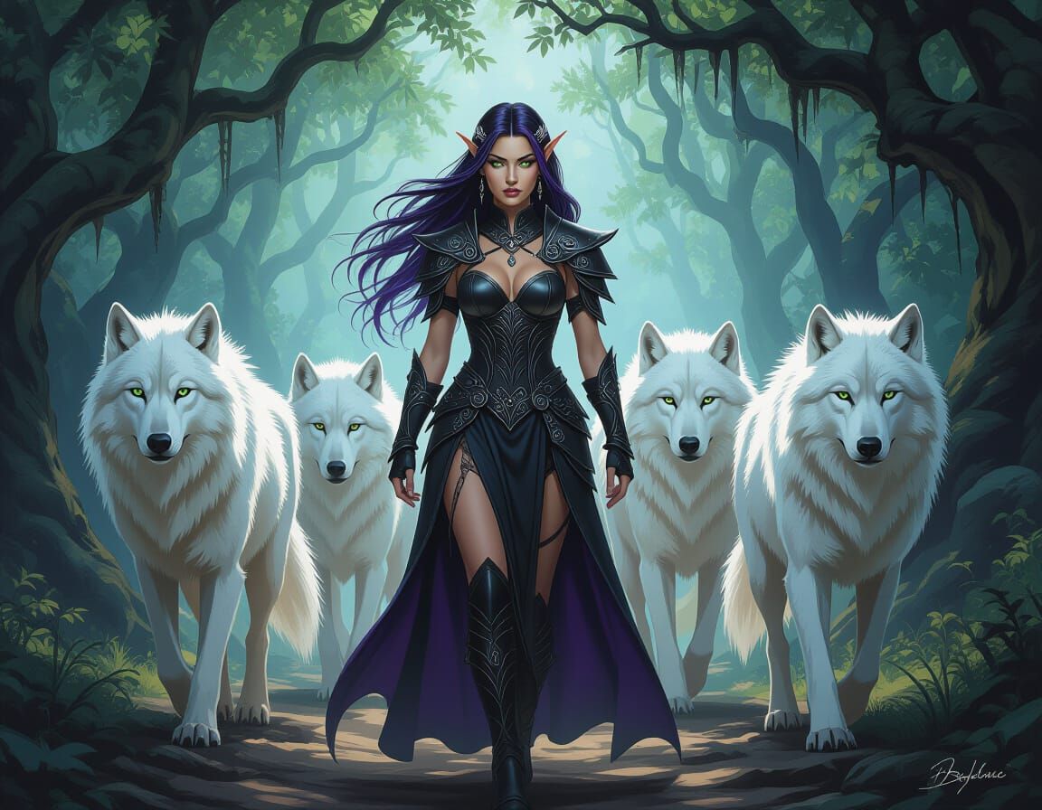 Elven Huntress With Wolves in Dark Fantasy Forest