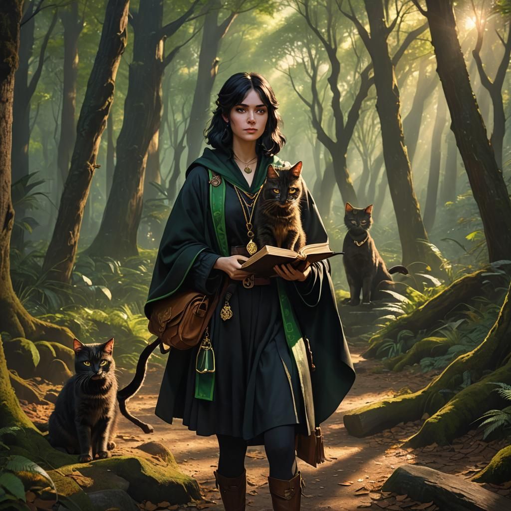 Enchanting Forest Sorceress with Cat, Fantasy Art