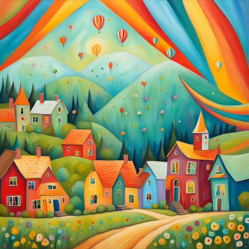 Whimsical Folk Art Illustration in Pastel Impasto