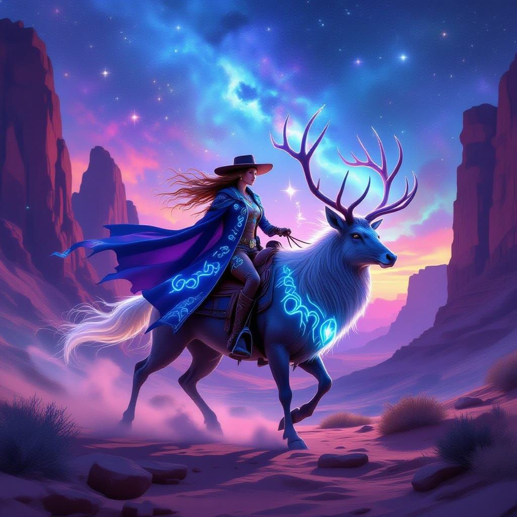 Mystical Cowgirl Rides Celestial Stag Through Nebula Canyon