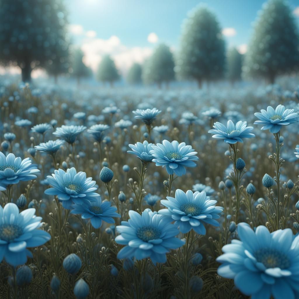 Tranquil Light Blue Flower Field, Detailed Matte Painting