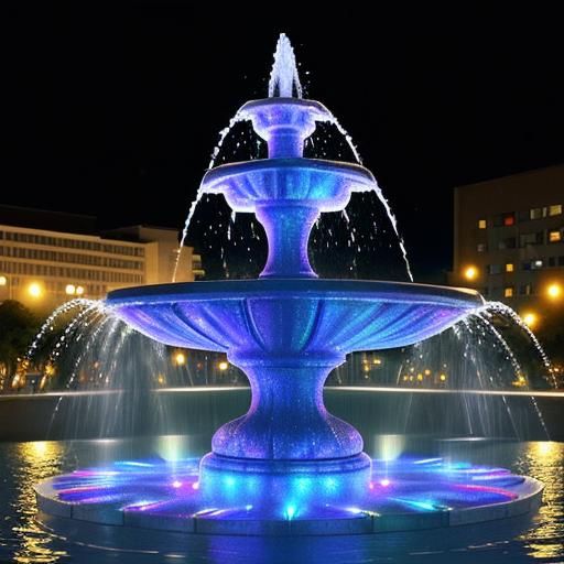 Illuminated Water Sculpture Fountain in Urban Nightscape