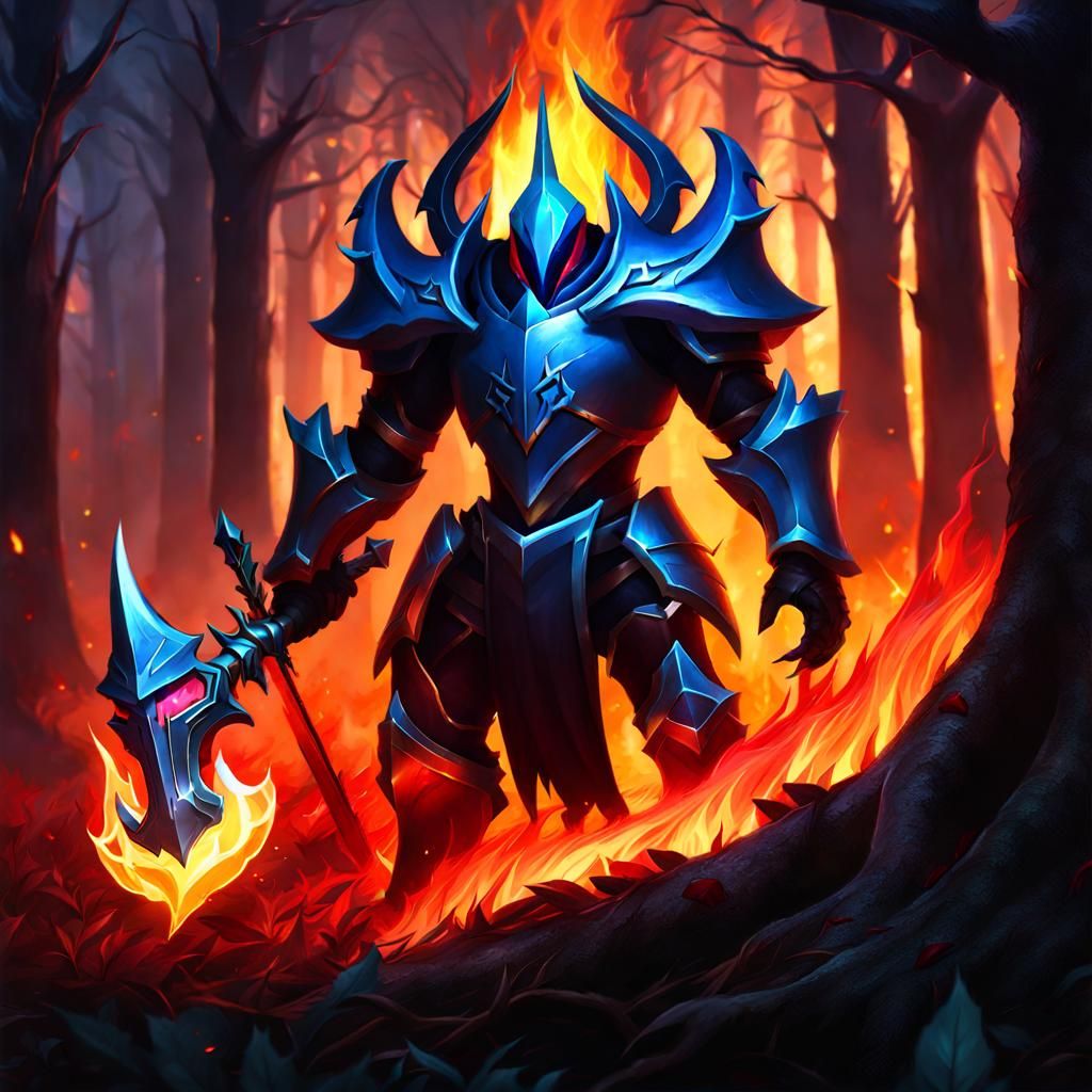 Headless Hecarim in Burning Forest at Night