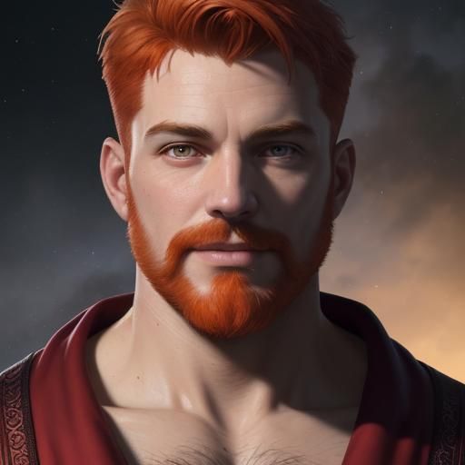 Smiling Ginger Man in Red Bathrobe, Oil Painting