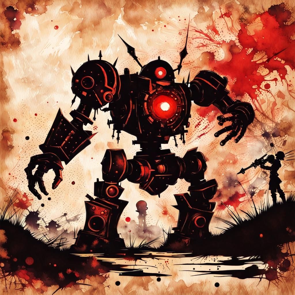 Anime Robot vs Monster in Steampunk Ink Painting