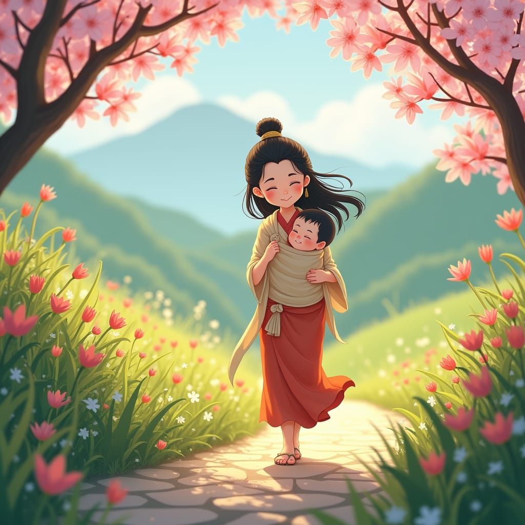 Kisa Gotami's Serene Walk in Savatthi: Anime Style