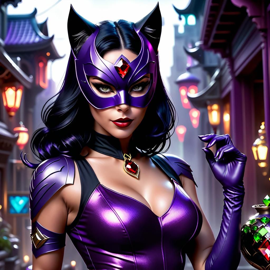 Catwoman in Purple Outfit Holding Red Jewel