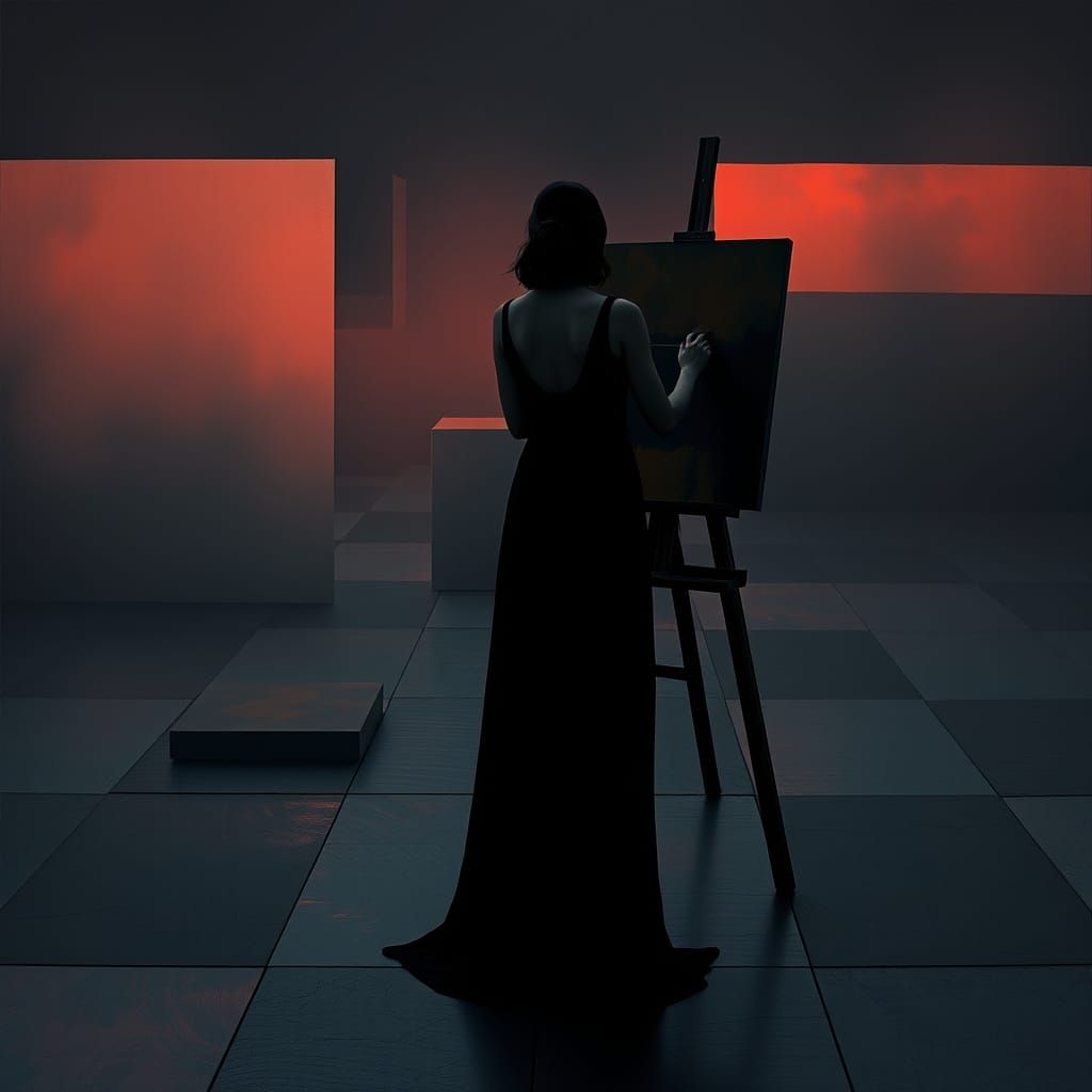 Ethereal Painter in Dystopian Landscape