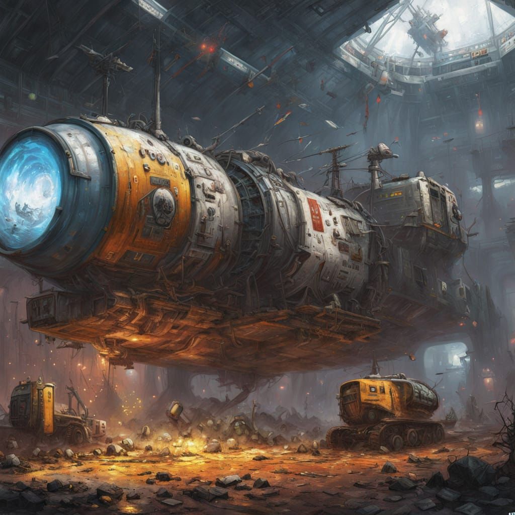 Vibrant Space Station Welding Scene in Epic Oil Painting Sty...