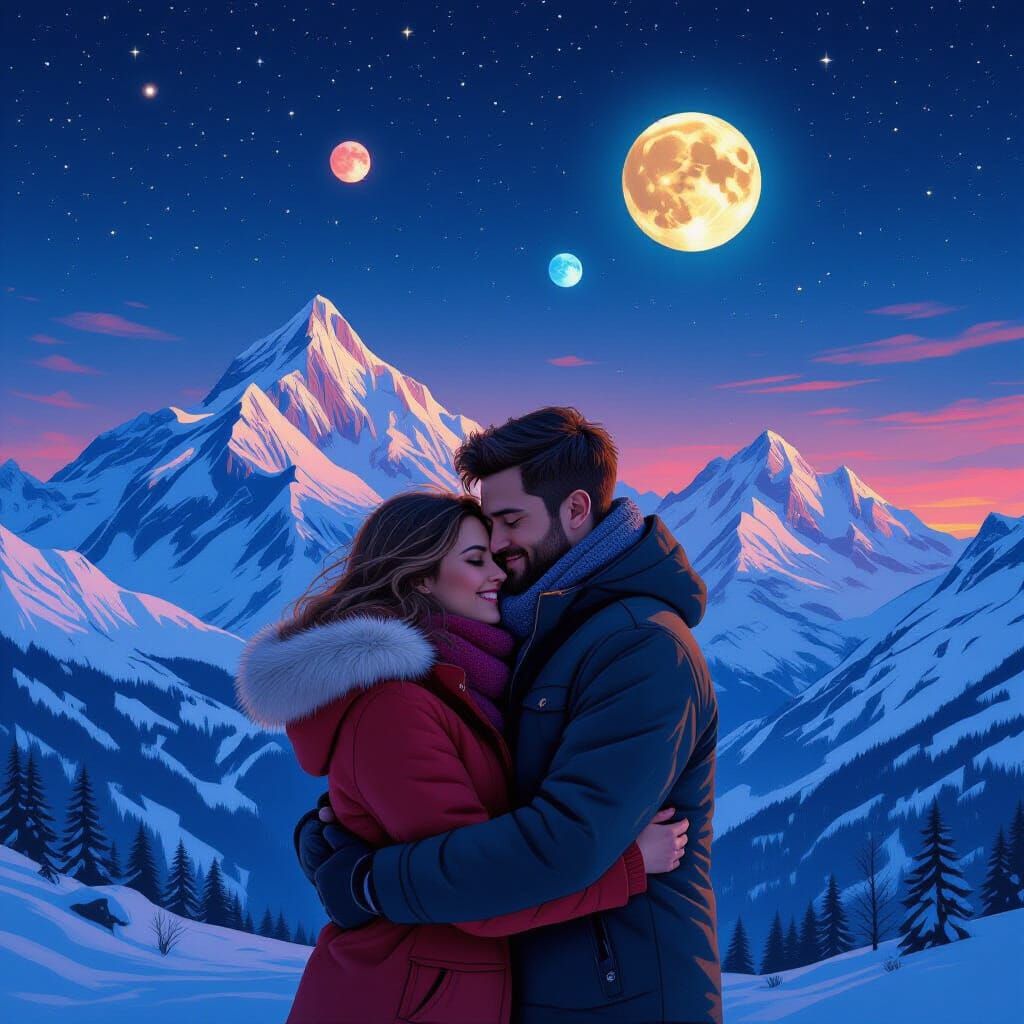 Embracing Couple Under a Celestial Sky